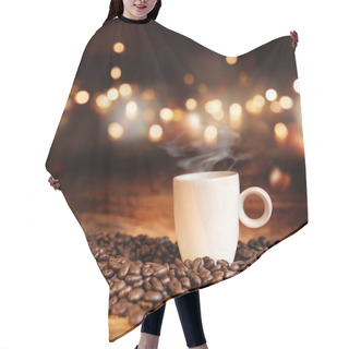 Personality  Still Life With A Steaming Espresso Cup In Front Of A Bokeh For A Coffee House Concept Hair Cutting Cape