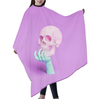 Personality  Pensive Skull Posed On A Hand With Vivid Colors. 3d Rendering Hair Cutting Cape