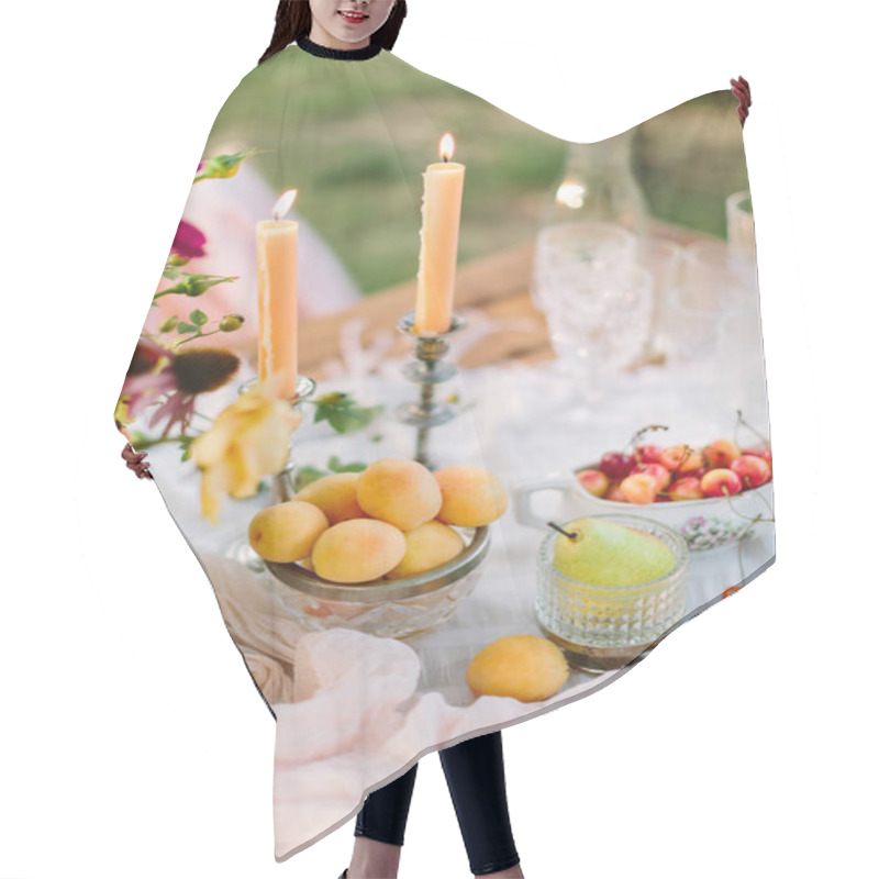 Personality  Picnic, Dating, Wedding, Valentines Day, Weekends Concept - Romantic Table Setting For Newlyweds With Flowers, Burning Candles, Crystal Glasses And Such Treat Like Apricots, Pears And Cherries Hair Cutting Cape
