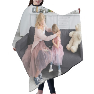 Personality  Woman In Tulle Skirt Dressing Daughter In Costume Of Princess Hair Cutting Cape