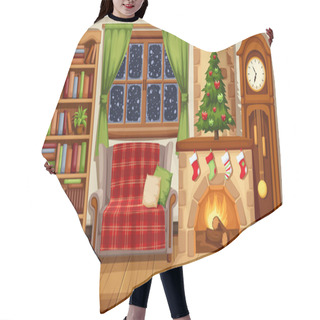 Personality  Vector Illustration Of A Christmas Living Room With Fireplace, Sofa, Bookcase, Clock And Fir-tree. Hair Cutting Cape