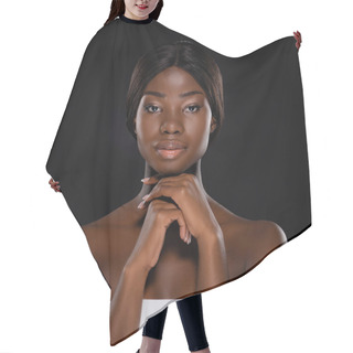 Personality  African American Woman With Hands Under Chin Looking At Camera Isolated On Black Hair Cutting Cape