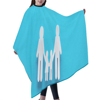 Personality  Panoramic Shot Of Paper Cut Family Holding Hands On Blue Background Hair Cutting Cape