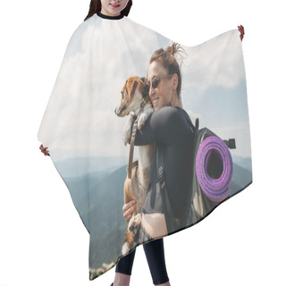 Personality  Sporty Young Woman With A Dog On Top Of The Mountain Hair Cutting Cape