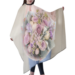 Personality  Woman Holding A Beautiful Fresh Blossoming Bouquet Hair Cutting Cape