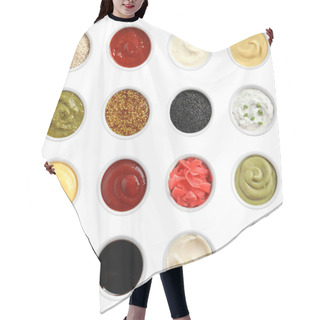 Personality  Set Of Different Delicious Sauces On White Background, Top View Hair Cutting Cape