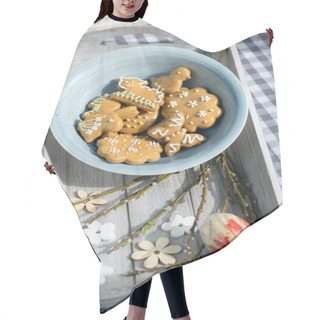Personality  Fresh Baked And Painted Gingerbreads In Blue Bowl On Gray Wooden Tray And Fresh Tree Branches, Wooden Flowers, Checkered Tablecloth, Traditional Easter Edible Still Life Hair Cutting Cape