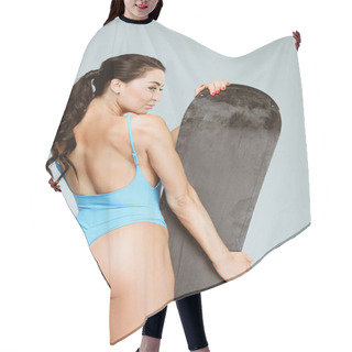 Personality  Back View Of Sexy Sportswoman In Blue Sportswear Posing With Snowboard Isolated On Grey  Hair Cutting Cape