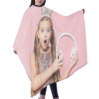 Personality  Shocked Little Girl In Crown Holding Wireless Headphones Isolated On Pink Hair Cutting Cape