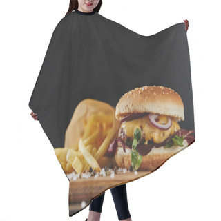 Personality  Salt, French Fries And Delicious Burger With Meat On Wooden Surface Isolated On Black Hair Cutting Cape