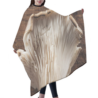 Personality  Close Up View Of Uncooked Mushroom On Textured Wooden Background Hair Cutting Cape