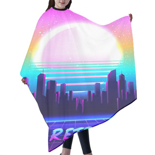 Personality  Retro Futurism. Vector Futuristic Synth Wave Illustration. 80s Retro Poster Background With Night City Skyline. Rave Party Flyer Design Template Hair Cutting Cape