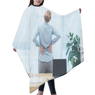 Personality  Rear View Of Businesswoman With Backplain In Office Hair Cutting Cape