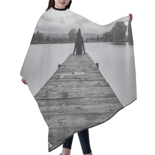 Personality  Man Sit On Wooden Pier Hair Cutting Cape