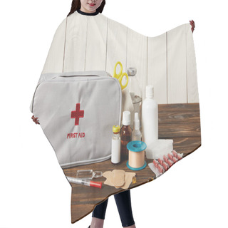 Personality  Close-up Shot Of First Aid Kit With Various Medicines On Wooden Tabletop Hair Cutting Cape