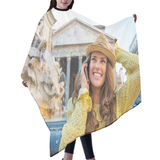 Personality  Happy Woman Chatting On Mobile Phone At Pantheon Fountain Hair Cutting Cape
