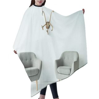 Personality  Gray Armchairs And Antlers On Wall Hair Cutting Cape