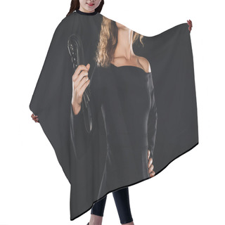 Personality  Cropped View Of Curly Woman Holding Leather Flogging Whip Isolated On Black Hair Cutting Cape