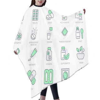 Personality  Pharmacy Line Icons. Vector Illustration Include Icon - Rx, Effervescent Pill, Blister, Sachet, Bandage, Capsule Bottle Outline Pictogram For Drug Medication. Green Color, Editable Stroke Hair Cutting Cape