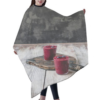 Personality  Organic Blueberry Smoothie In Glasses On Wooden Background Hair Cutting Cape