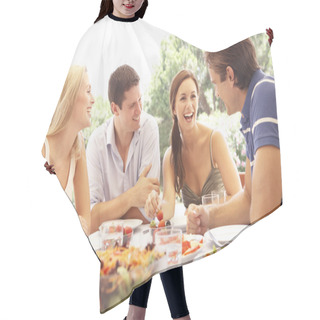 Personality  Two Young Couples Eating Outdoors Hair Cutting Cape