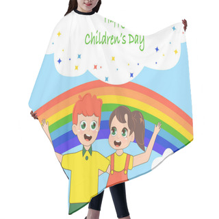 Personality  Illustration Of Happy Boy And Girl Near Rainbow And Happy Childrens Day Lettering  Hair Cutting Cape