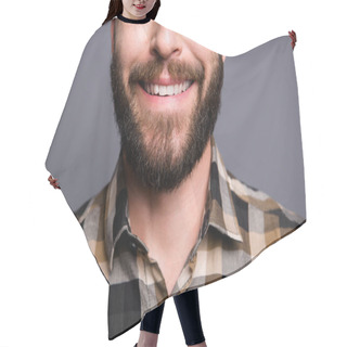 Personality  Close Up Half Face Photo Of Man Beaming Toothy Smile Isolated On Hair Cutting Cape