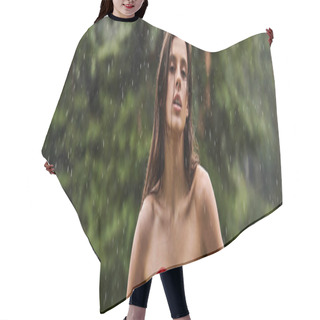 Personality  A Woman In A Red Dress Stands Gracefully Under A Summer Rainfall. Hair Cutting Cape