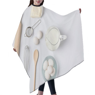 Personality  Top View Of Eggs And Milk On White Table Hair Cutting Cape