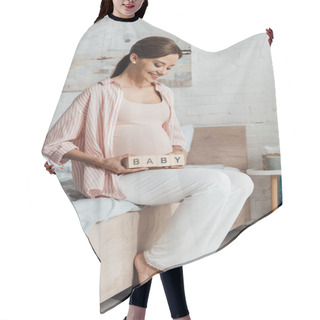 Personality  Smiling Pregnant Woman Holding Wooden Blocks With Word Baby Hair Cutting Cape