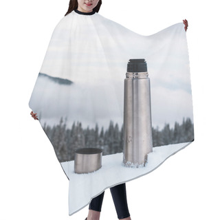 Personality  Open Metallic Vacuum Flask In Snowy Mountains With Pine Trees And White Fluffy Clouds Hair Cutting Cape