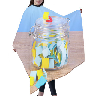 Personality  Pieces Of Paper For Lottery In Jar On Wooden Table On Blue Background Hair Cutting Cape