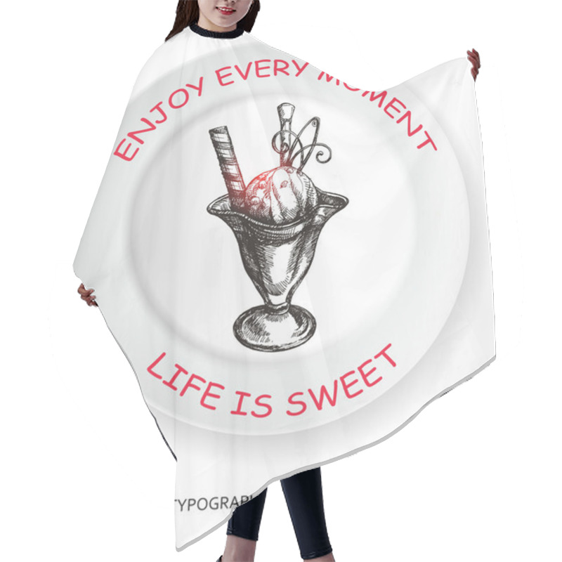 Personality  Hand drawn ice cream typographical background with photorealistic plate hair cutting cape