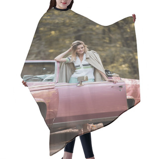 Personality  Happy Woman In Coat Standing Near Retro Cabriolet And Touching Hair Hair Cutting Cape
