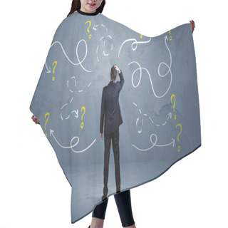 Personality  Unsure Businessman With Question Marks Hair Cutting Cape