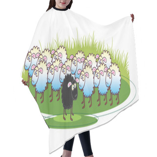 Personality  A Cartoon Illustration Of A Flock Of White Coated Sheep With A Single Black Sheep To The Foreground. All Set On A Green Grass Base. Hair Cutting Cape