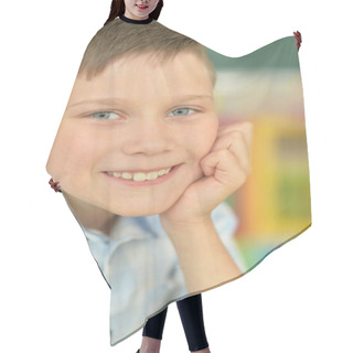 Personality  Close Up Portrait Of Boy Posing With Hand On Chin Hair Cutting Cape