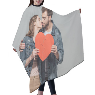 Personality  Young Couple Holding Pieces Of Broken Heart Symbol Together And Kissing Isolated On Grey Hair Cutting Cape