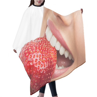 Personality  Extreme Close Up Of Teeth Biting Strawberry. Hair Cutting Cape