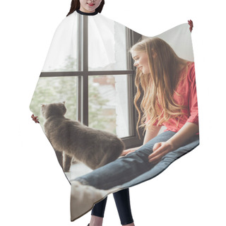 Personality  Selective Focus Of Happy Woman Looking At Window Near Cute Cat Hair Cutting Cape