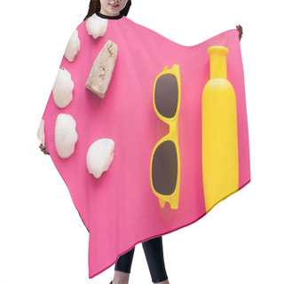Personality  Top View Of Seashells Near Sunglasses And Bottle Of Sunscreen On Pink Background  Hair Cutting Cape