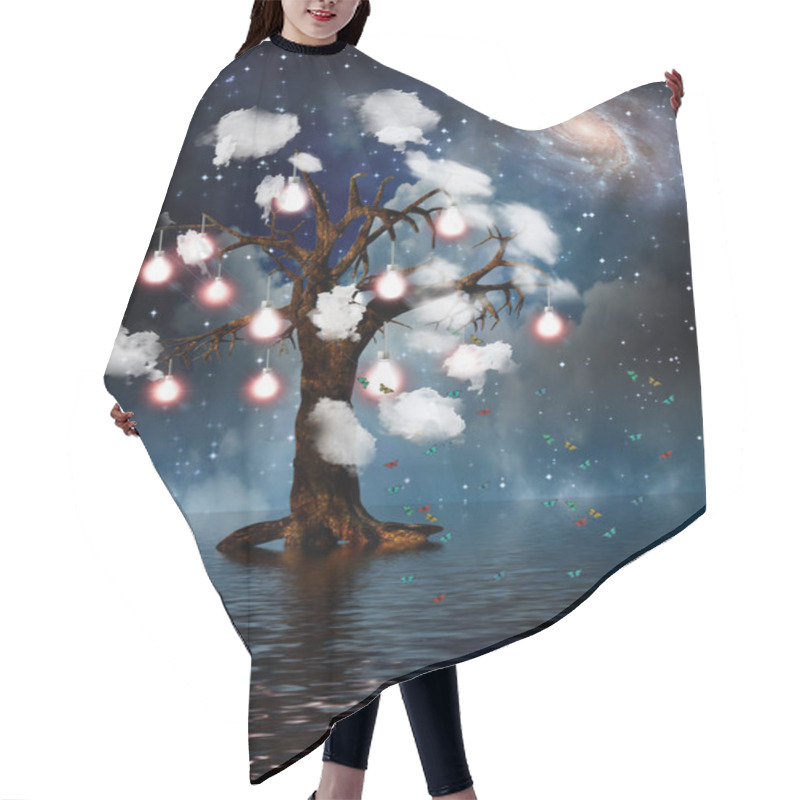 Personality  Tree Of Thoughts. Vivid Galaxy. 3D Rendering. Hair Cutting Cape