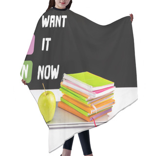 Personality  Closed Laptop, Green Apple, Notebooks And Color Pencils On Desk With Want It Now And Win Lettering On Black Hair Cutting Cape