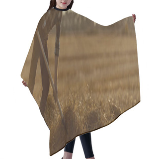 Personality  Panoramic Shot Of Self-employed Man Holding Rake With Hay In Wheat Field  Hair Cutting Cape