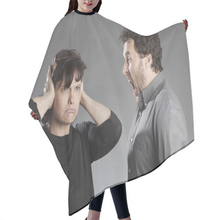 Personality  Mature Couple Quarreling Man Shouting Woman Covering Ears Hair Cutting Cape