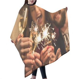 Personality  People With Glasses Of Champagne And Sparklers  Hair Cutting Cape