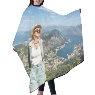 Personality  Happy Woman Standing With Kotor Bay And Kotor Town On Background In Montenegro Hair Cutting Cape