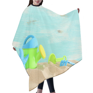 Personality  Vacation And Summer Image With Beach Colorful Toys For Kid Over The Sand Hair Cutting Cape