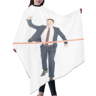 Personality  Successful Young Businessman Running To Red Finishing Line Isolated On White Hair Cutting Cape