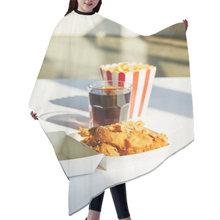 Personality  Selective Focus Of Tasty Deep Fried Chicken, French Fries And Soda In Glass On White Table In Sunlight Hair Cutting Cape